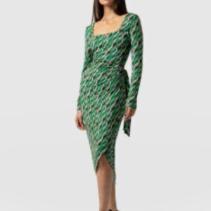 Saint and Sophia Green Wrap Midi Dress 8 Sexy Cocktail Tie Waist Long Sleeve